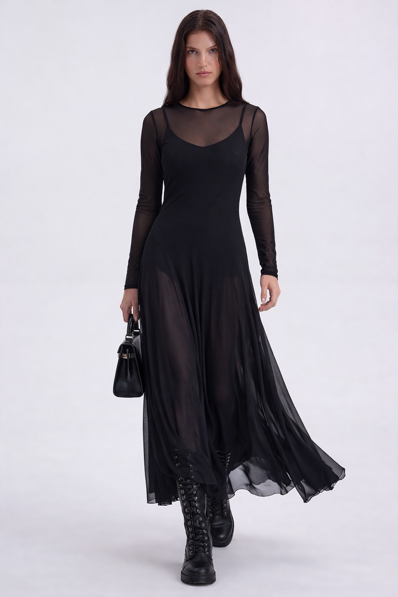 Vestido largo holgado de tul negro