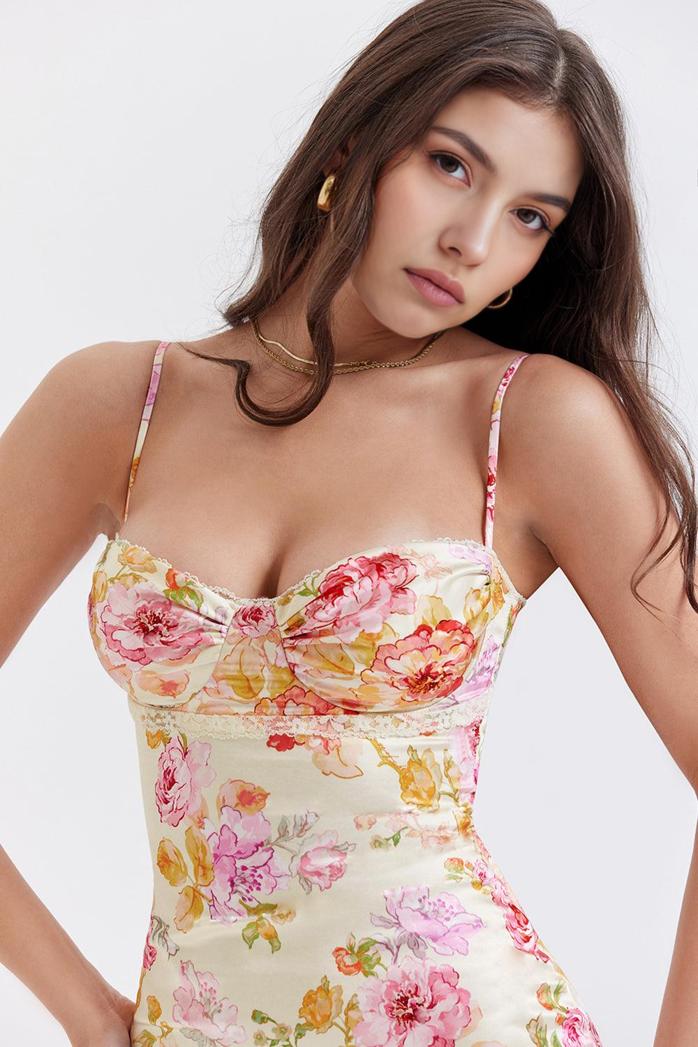 FIORELLA | Vestido Bloom de Satén Floral con Encaje